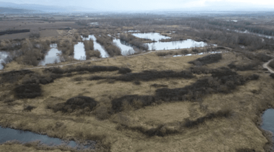 Areal shot of fields and water in the Timis