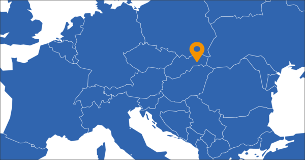 Blue map of Europe with an orange pin on Kosice