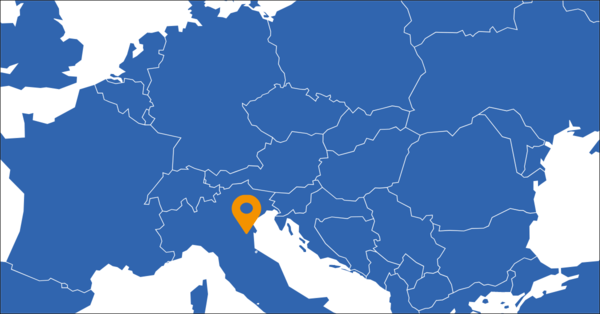 Blue map of Europe with an orange pin on Lower Po Delta