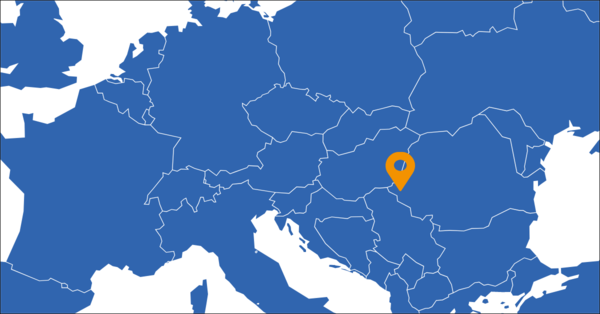 Blue map of Europe with an orange pin on Lower Timis river catchment