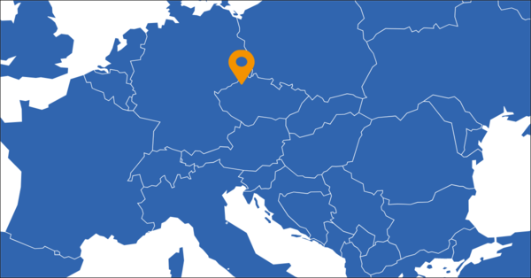 Blue map of Europe with an orange pin on Stare Krecany & Ruzova